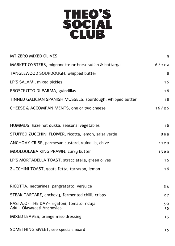 Menu, Theo's Social Club