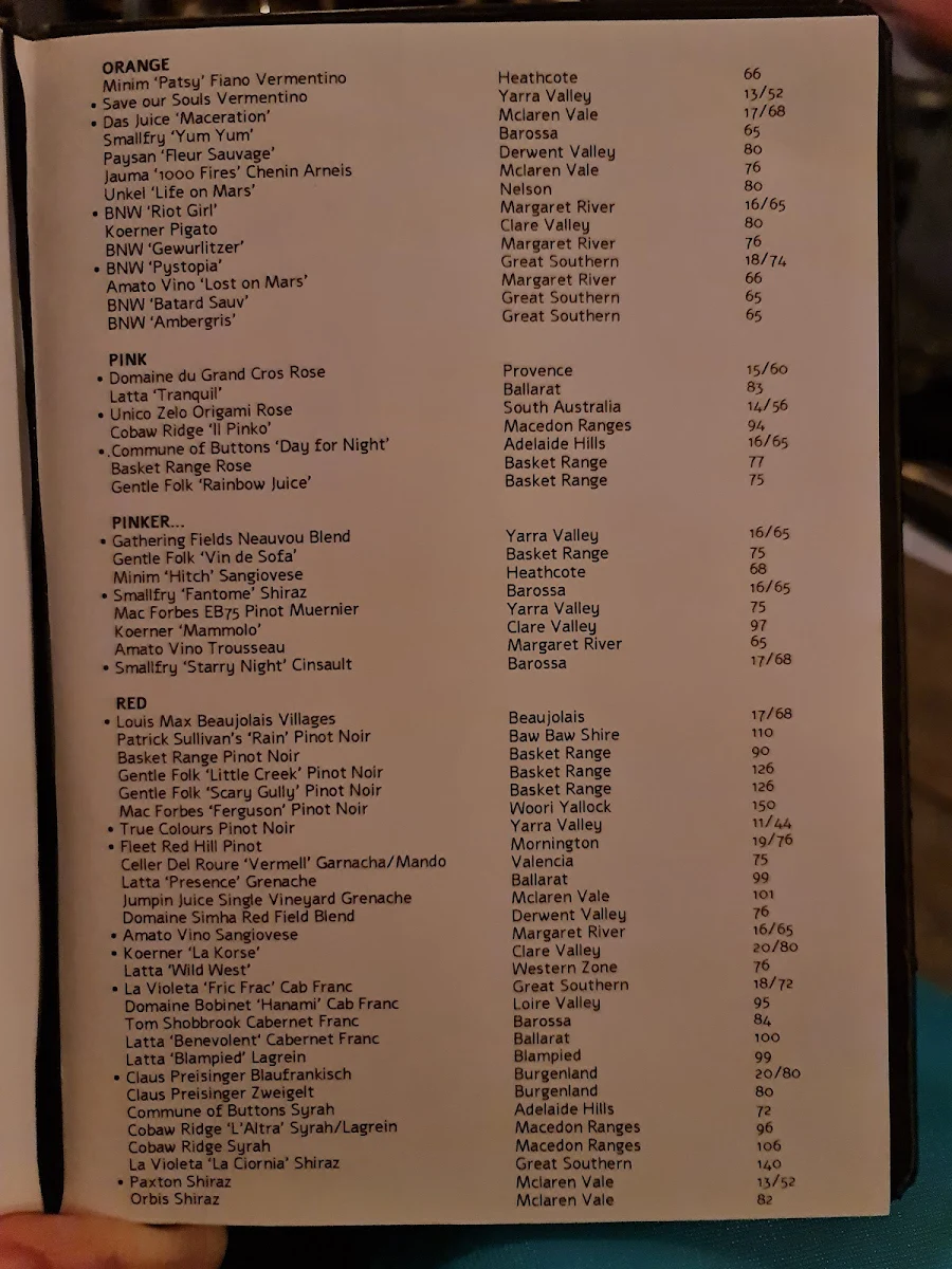 Menu, Theo's Social Club