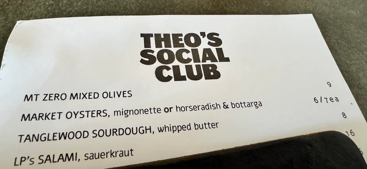 Menu, Theo's Social Club