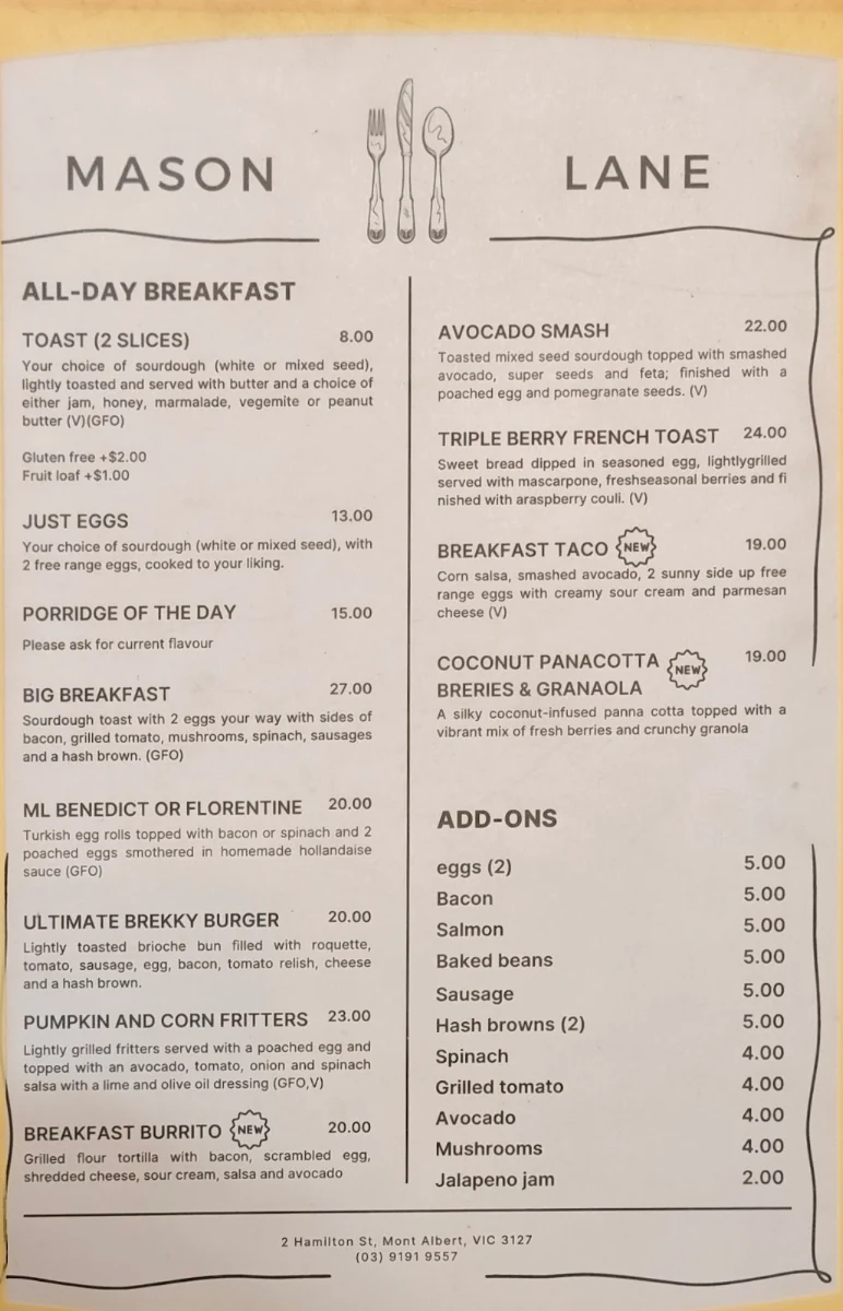Menu, Mason Lane Café