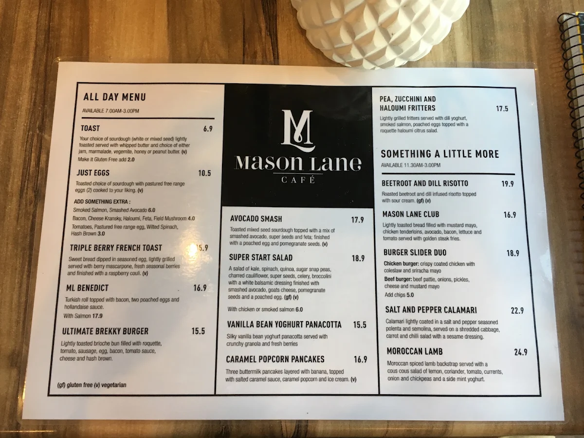 Menu, Mason Lane Café