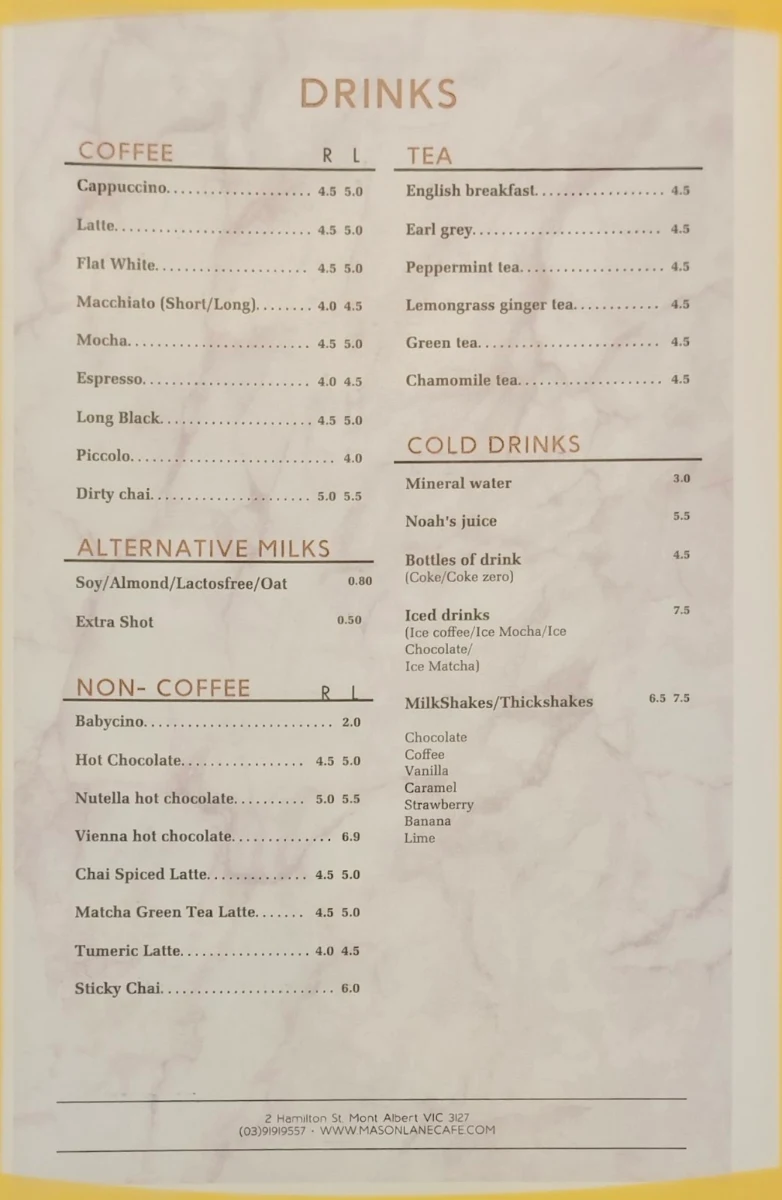 Menu, Mason Lane Café
