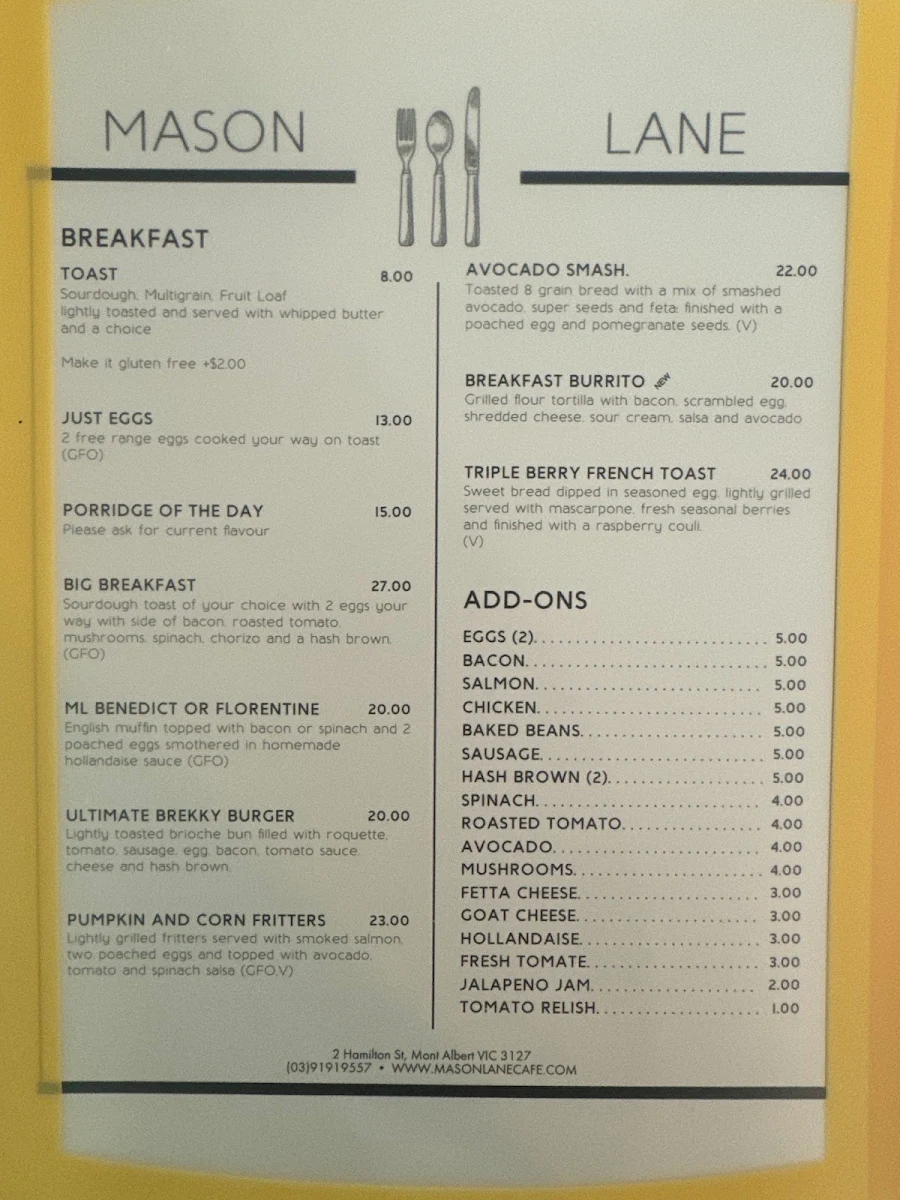 Menu, Mason Lane Café
