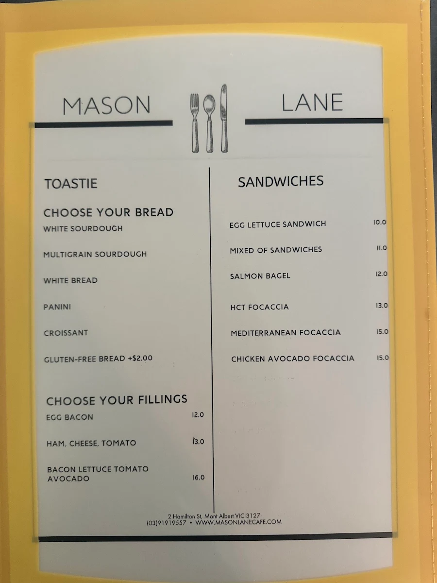 Menu, Mason Lane Café