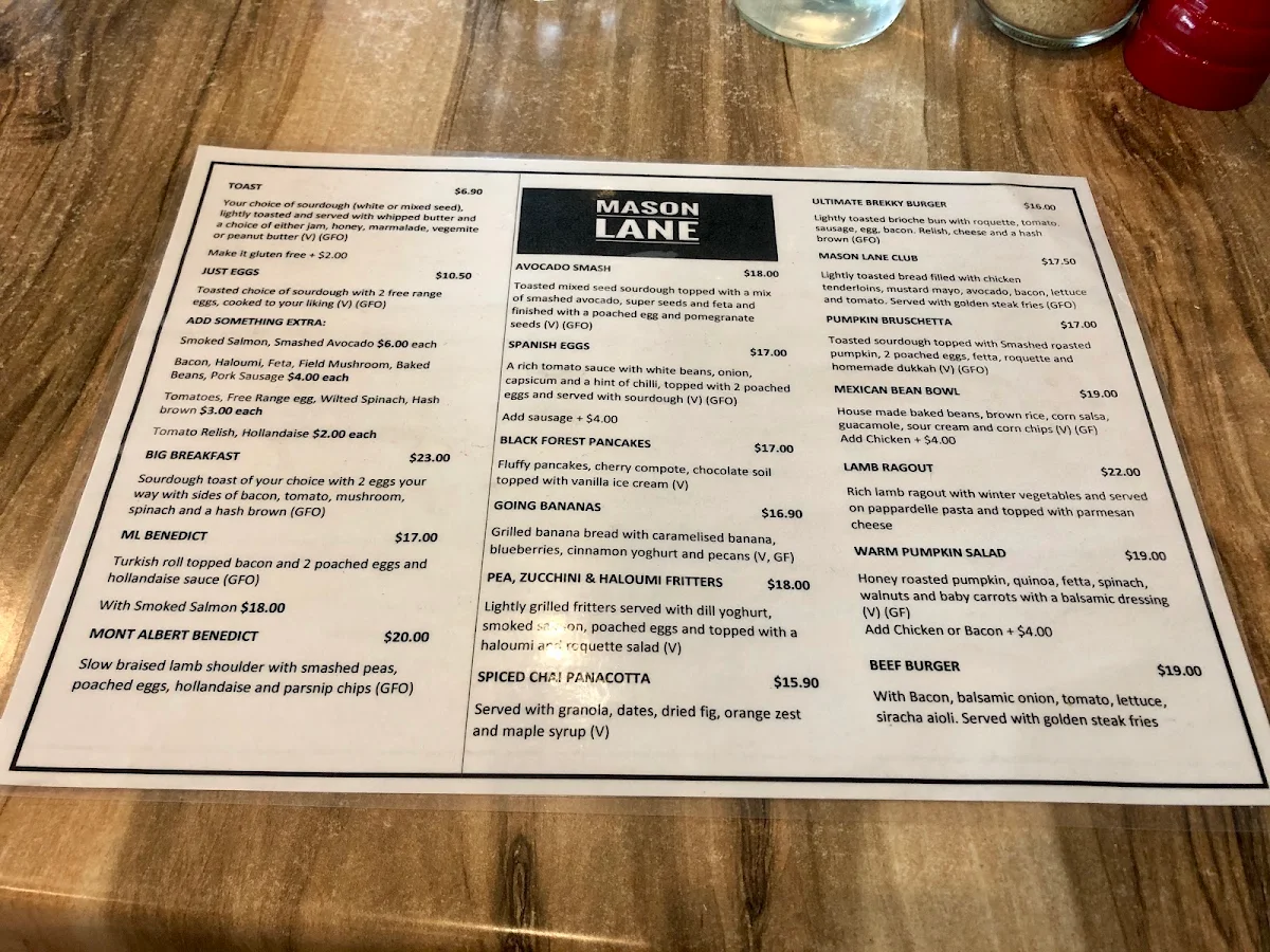 Menu, Mason Lane Café