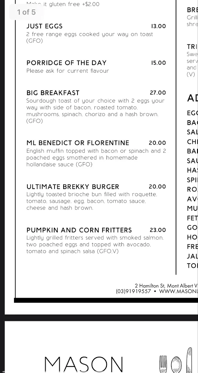 Menu, Mason Lane Café