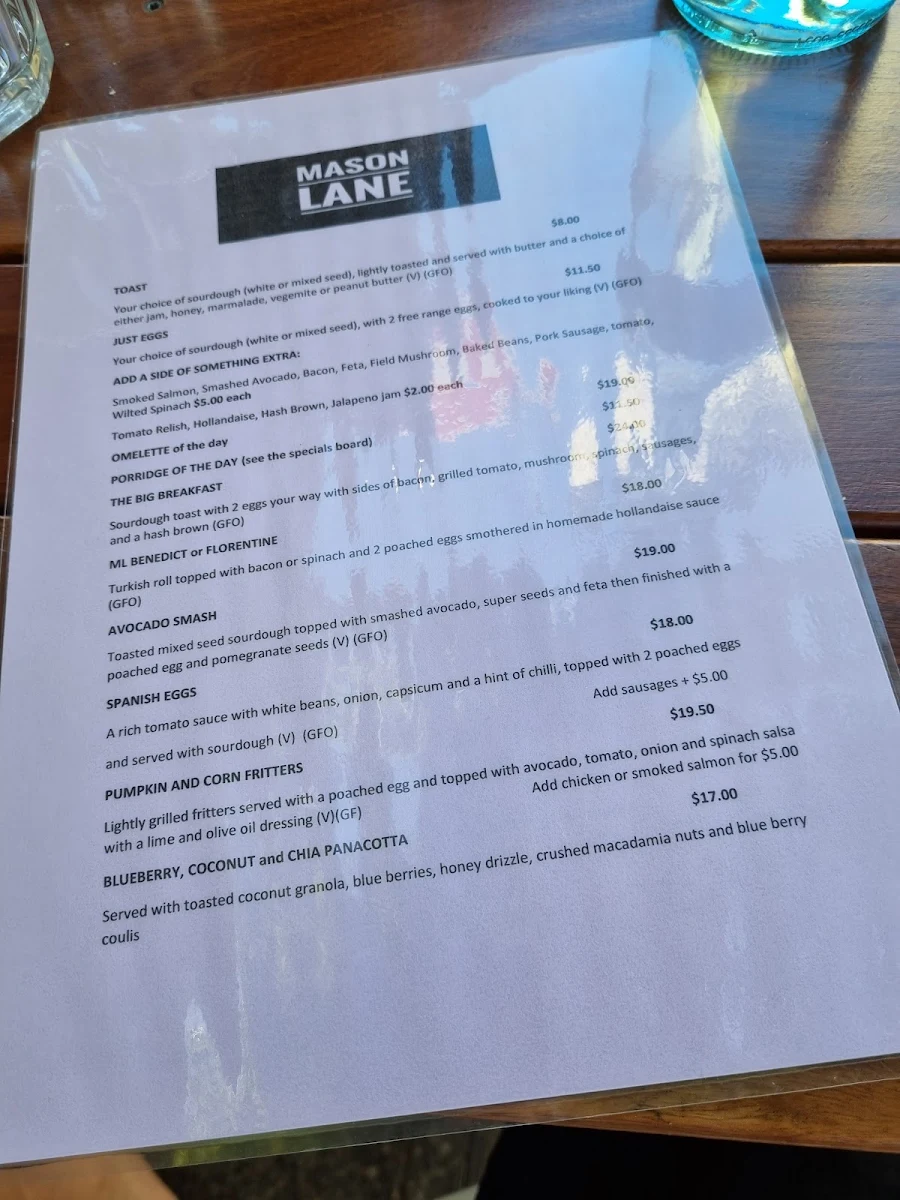 Menu, Mason Lane Café