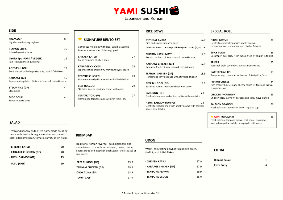Menu, Yami Sushi