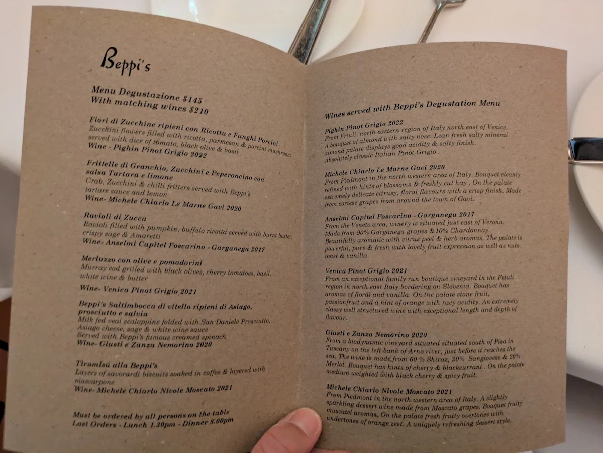 Menu, Beppi's Italian