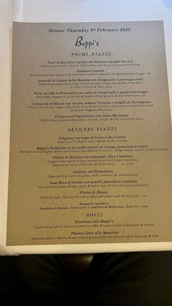 Menu, Beppi's Italian