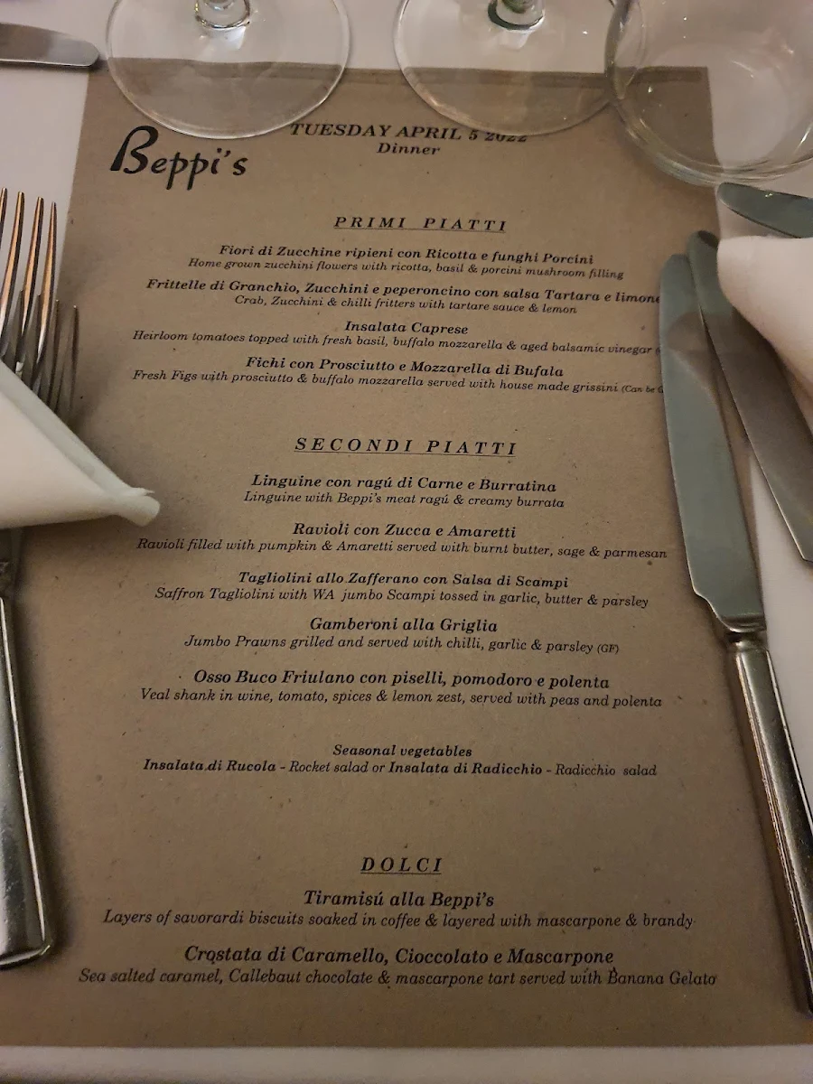 Menu, Beppi's Italian