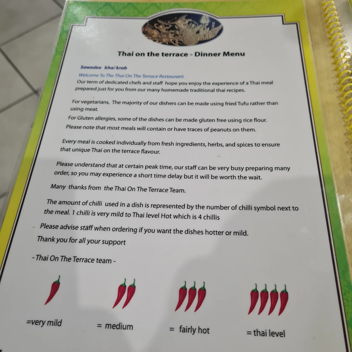 Menu, Thai on The Terrace