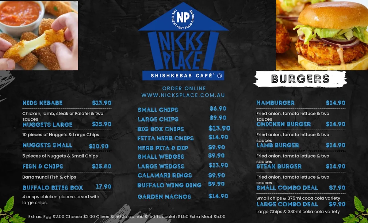 Menu, Nick's Place Cockburn