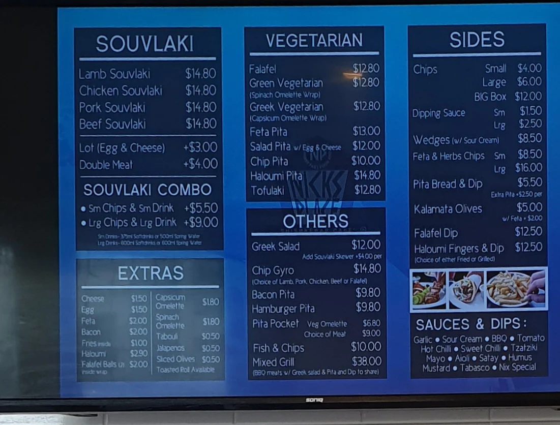 Menu, Nick's Place Cockburn