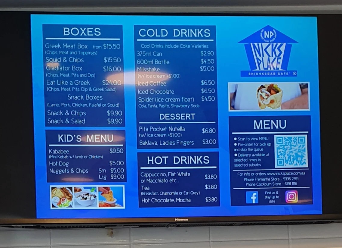 Menu, Nick's Place Cockburn