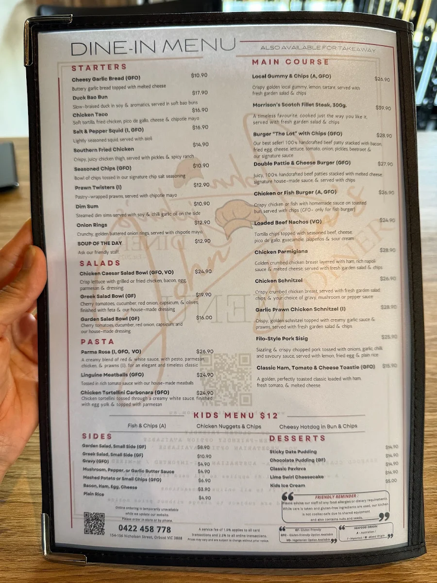 Menu, John John's Diner