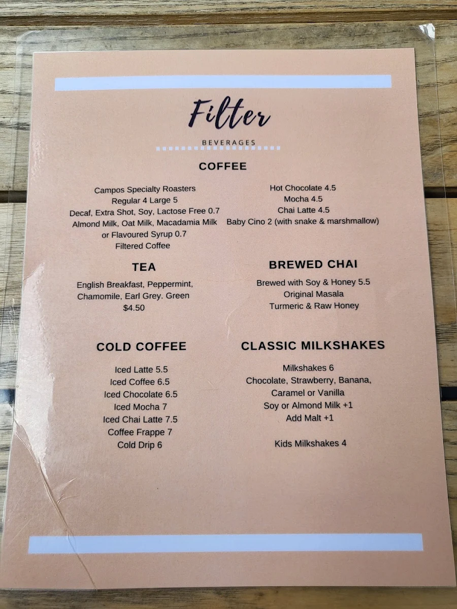 Menu, Filter Cafe