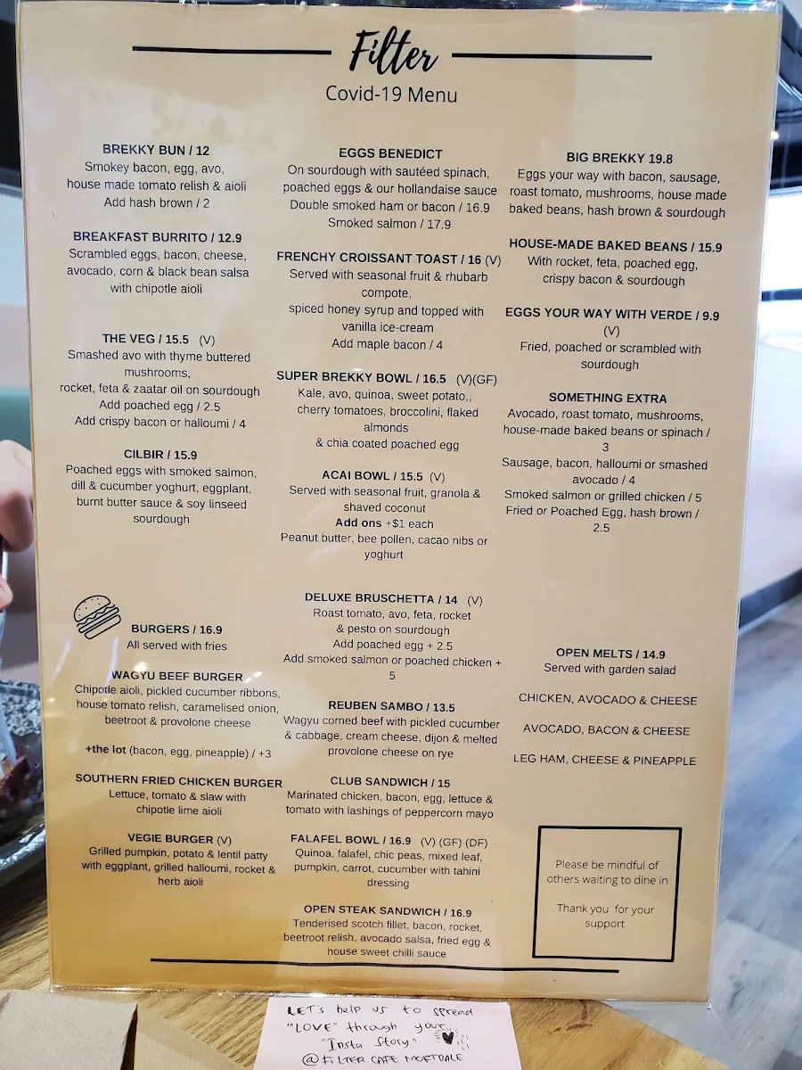 Menu, Filter Cafe