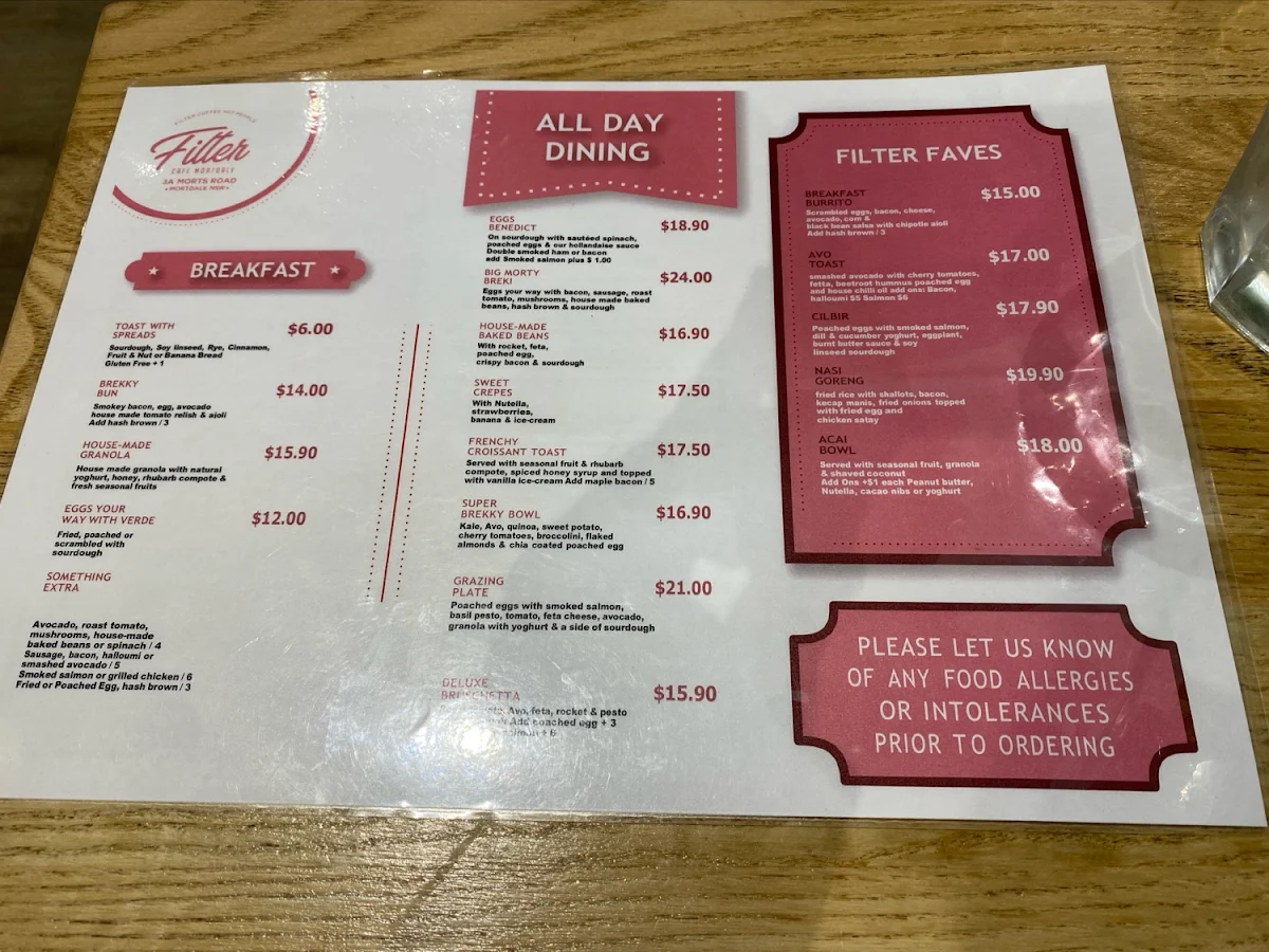 Menu, Filter Cafe