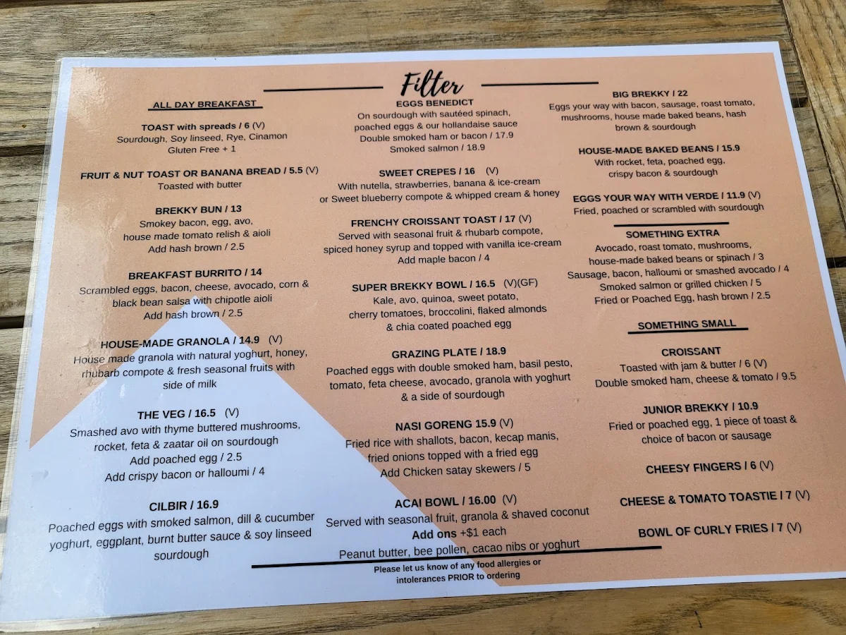 Menu, Filter Cafe