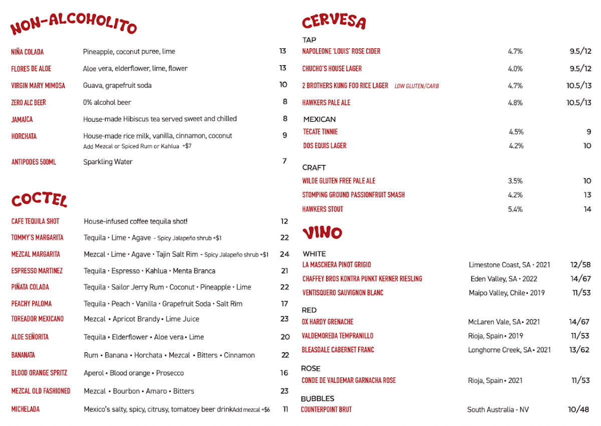 Menu, Bodega Underground