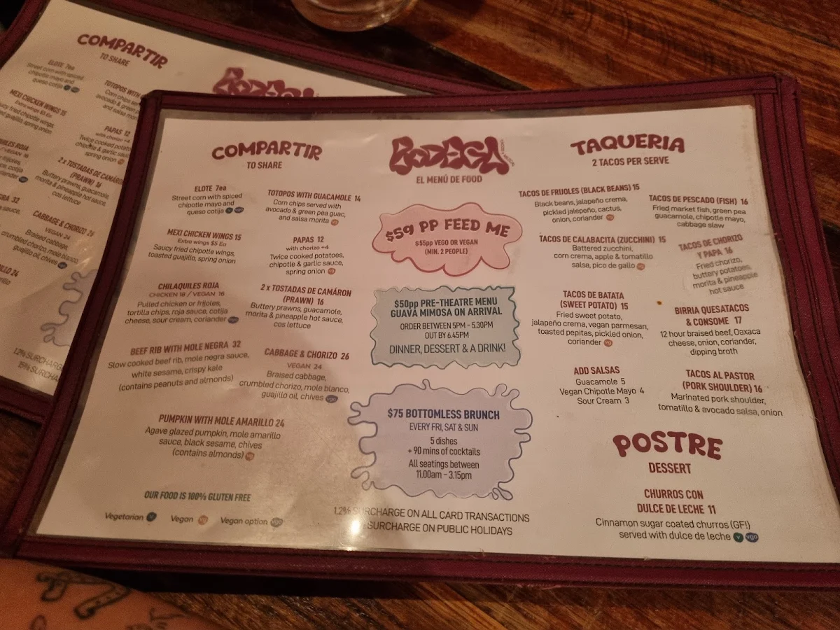 Menu, Bodega Underground