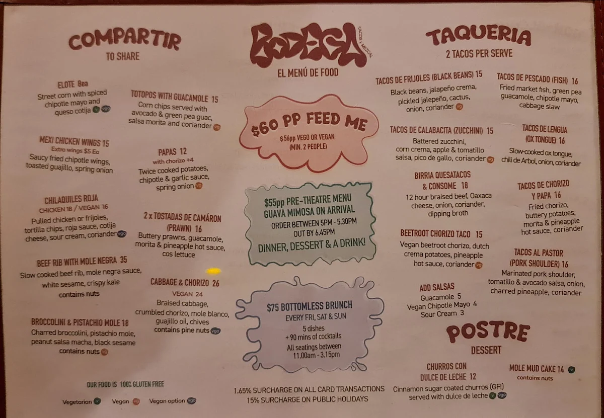 Menu, Bodega Underground