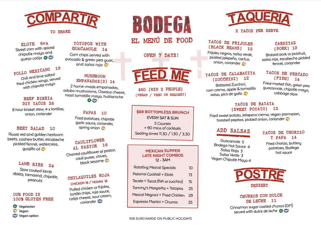 Menu, Bodega Underground