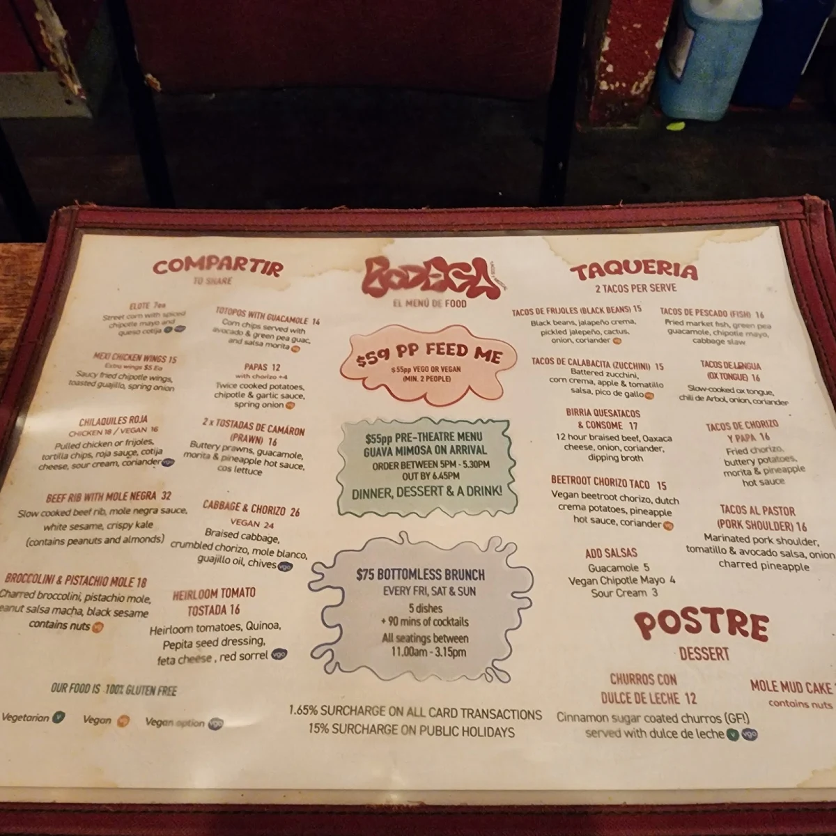 Menu, Bodega Underground