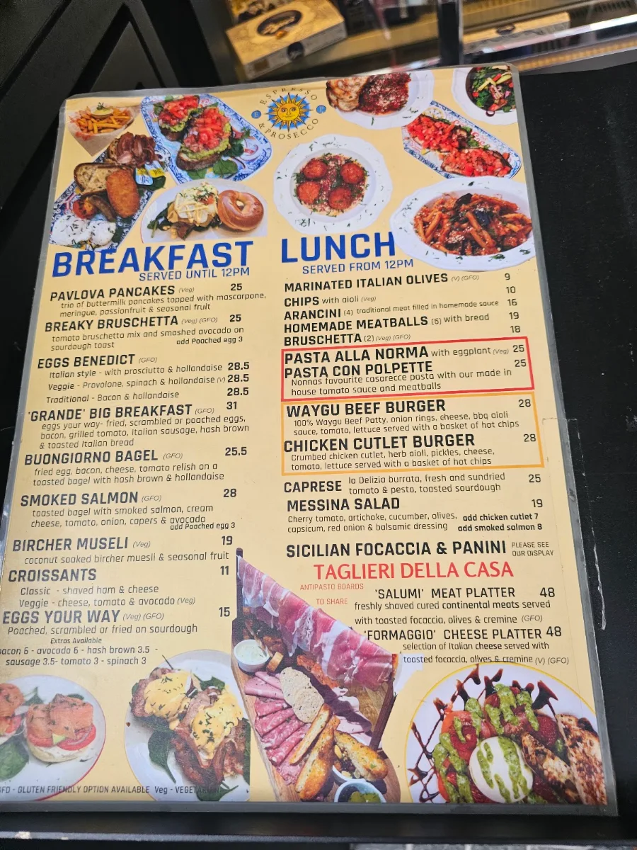 Menu, Espresso & Prosecco