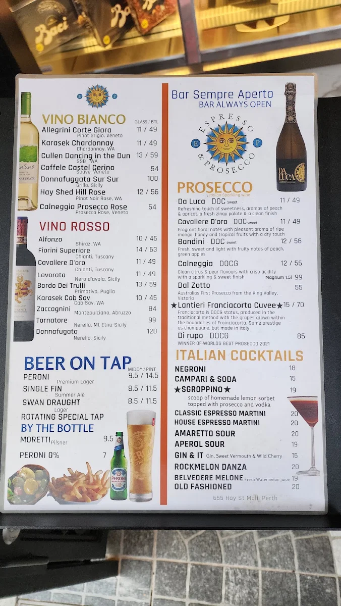 Menu, Espresso & Prosecco