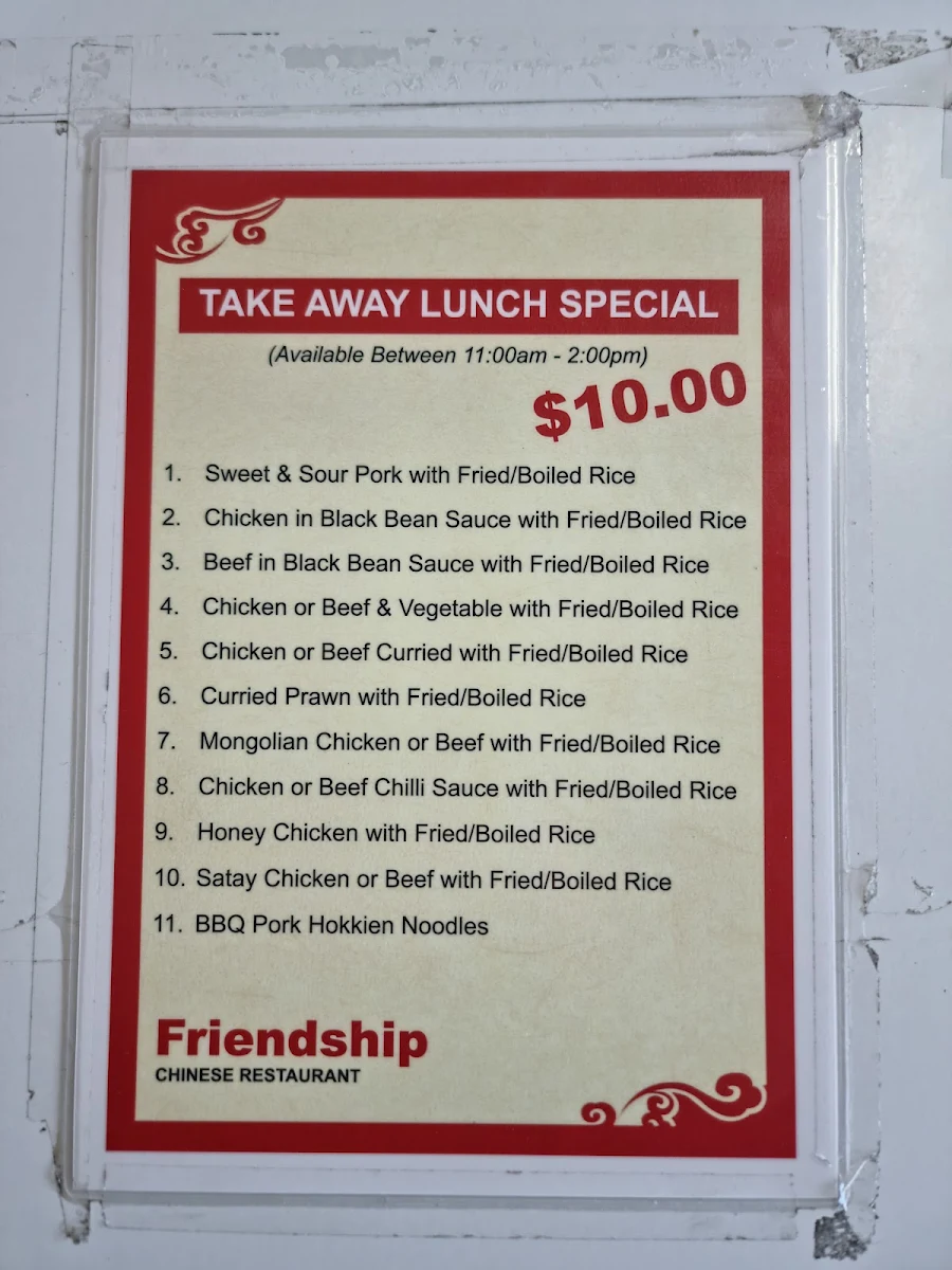 Menu, Bligh Park Friendship Chinese Restaurant