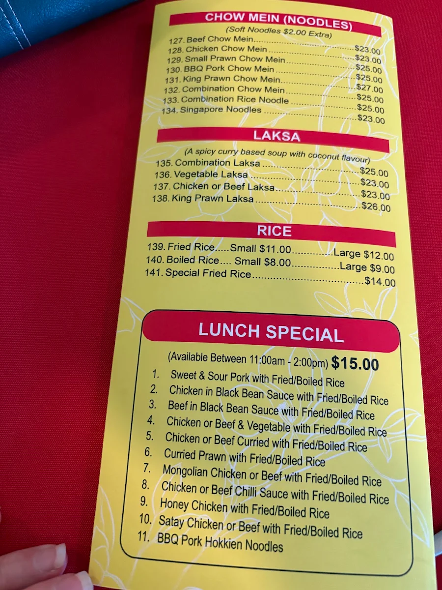 Menu, Bligh Park Friendship Chinese Restaurant