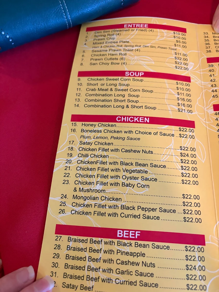 Menu, Bligh Park Friendship Chinese Restaurant