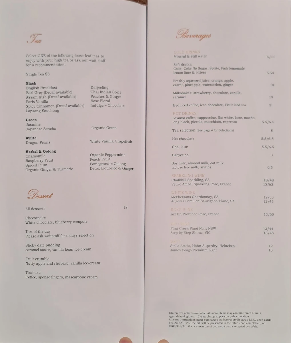Menu, The Palace Tea Room