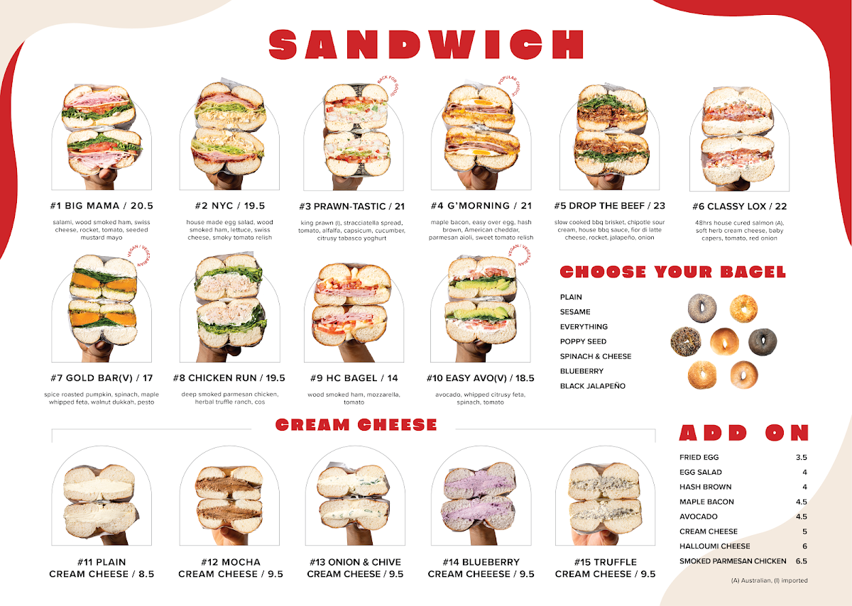 Menu, O Bagel Broadbeach