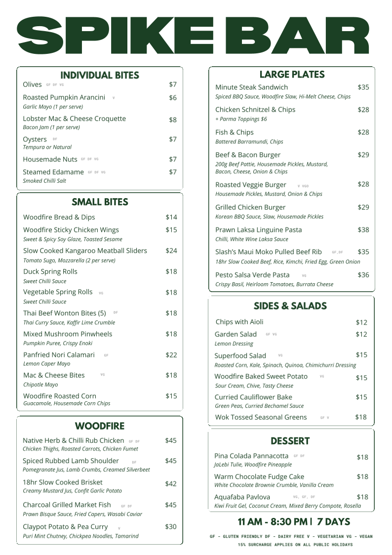 Menu, Spike Bar & Cafe