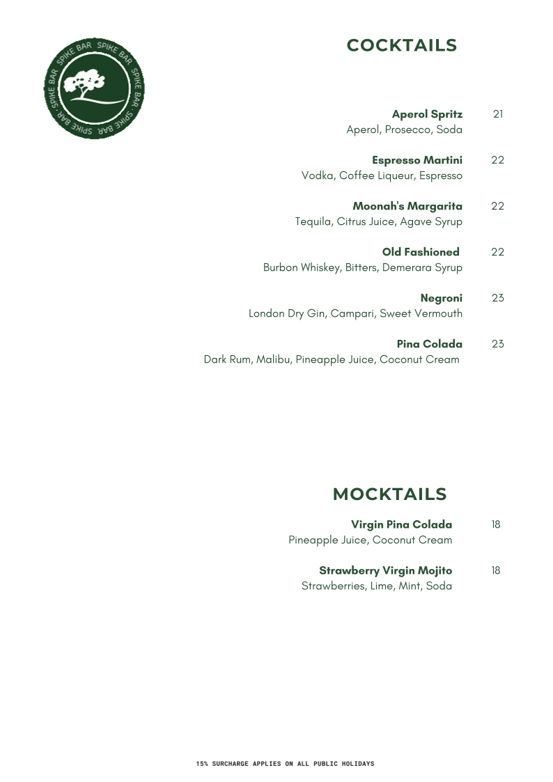 Menu, Spike Bar & Cafe