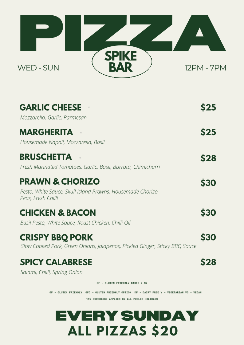 Menu, Spike Bar & Cafe