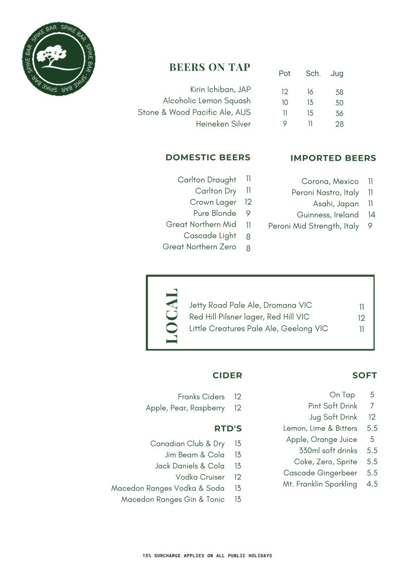 Menu, Spike Bar & Cafe