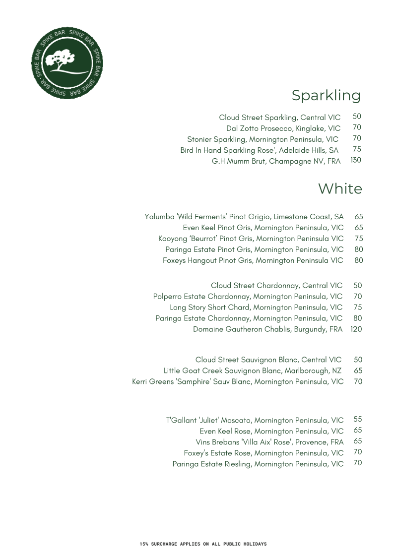Menu, Spike Bar & Cafe