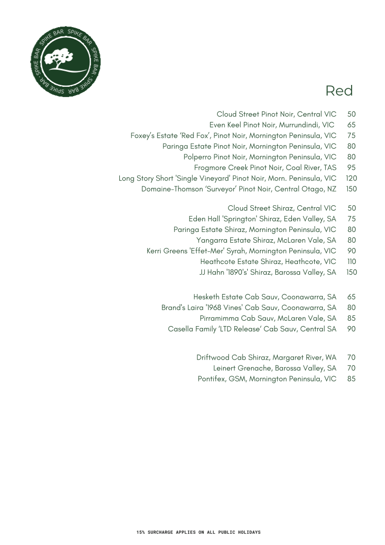 Menu, Spike Bar & Cafe