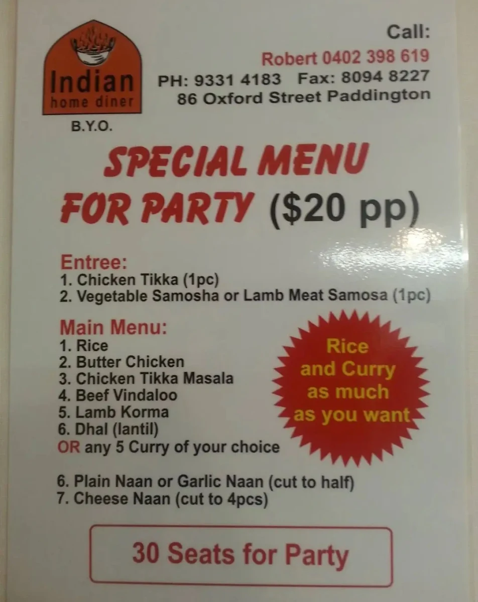 Menu, Indian Home Diner