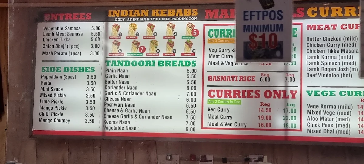 Menu, Indian Home Diner