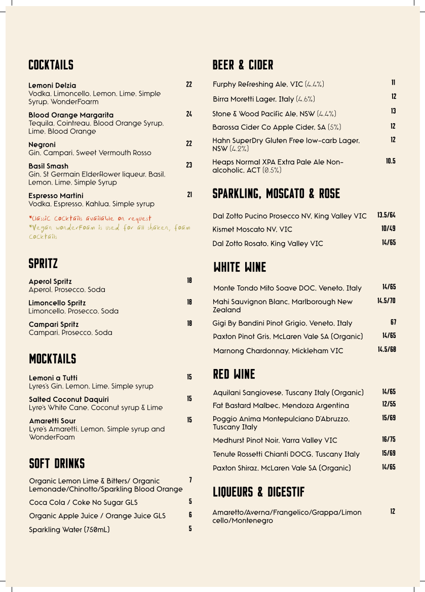 Menu, Farro Pizzeria Fitzroy