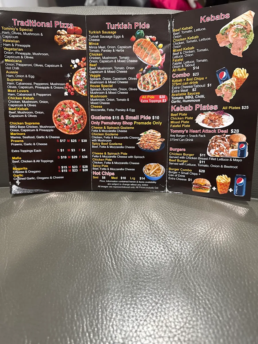 Menu, Tommys Pizza & Kebabs pemulwuy market place