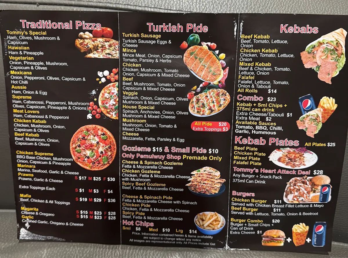 Menu, Tommys Pizza & Kebabs pemulwuy market place