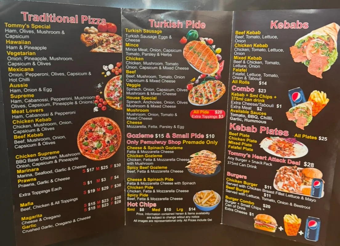 Menu, Tommys Pizza & Kebabs pemulwuy market place