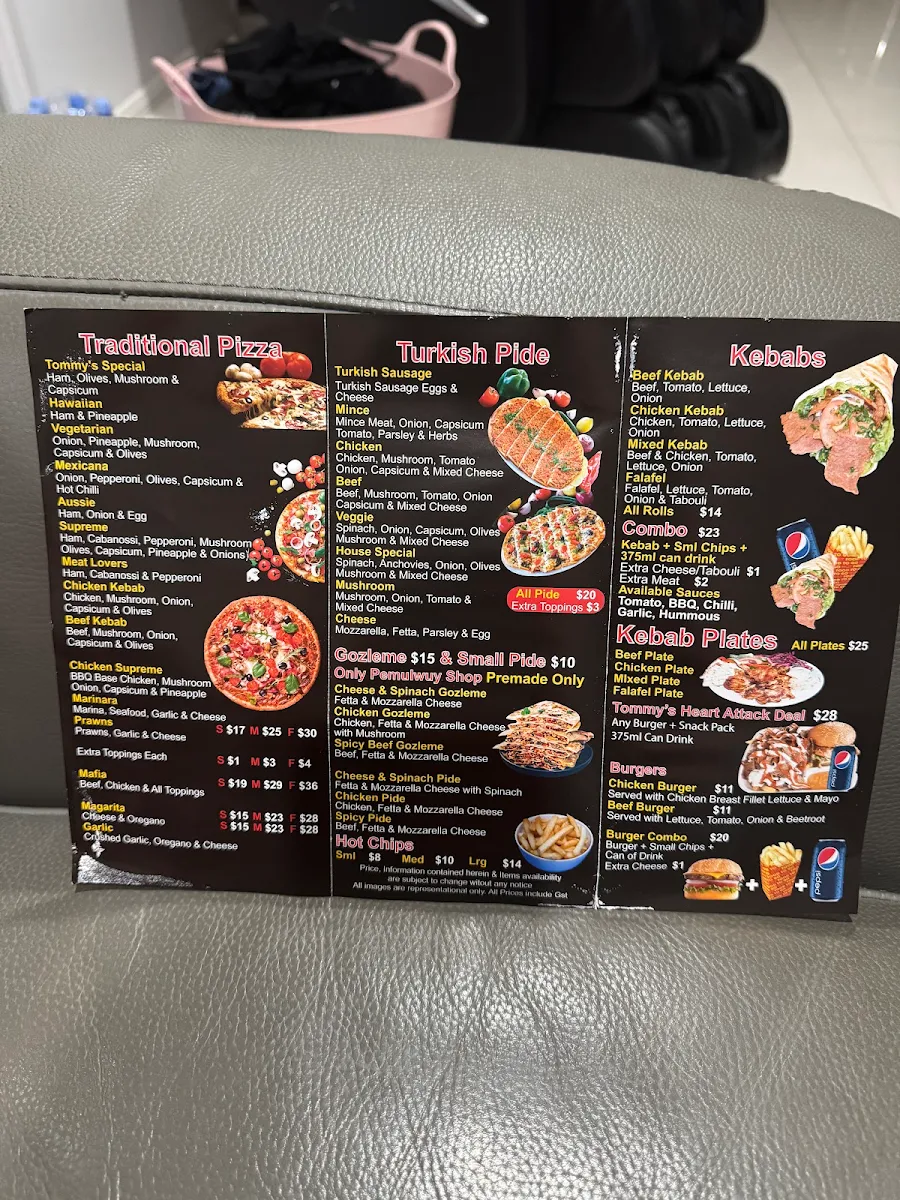Menu, Tommys Pizza & Kebabs pemulwuy market place