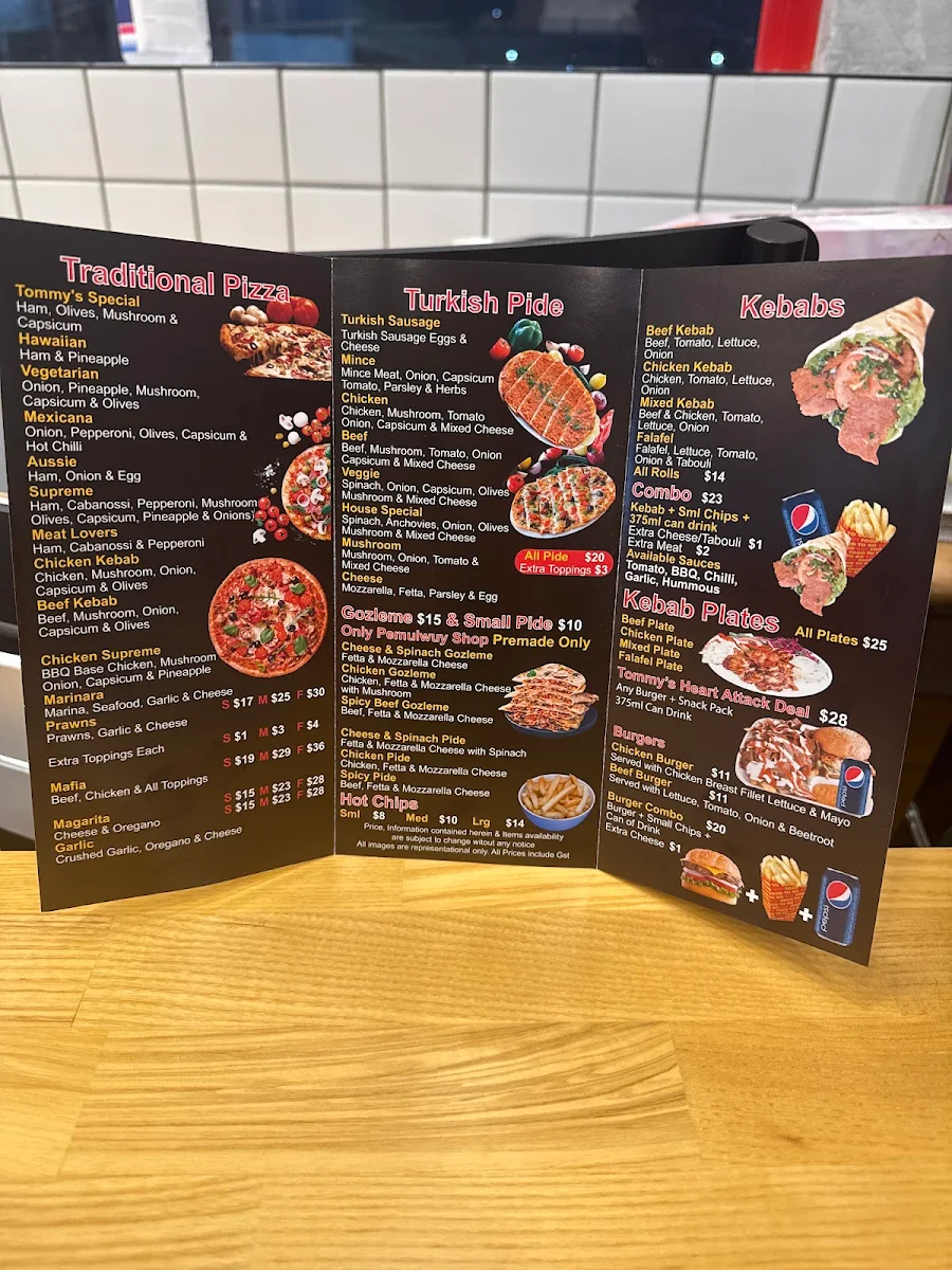 Menu, Tommys Pizza & Kebabs pemulwuy market place